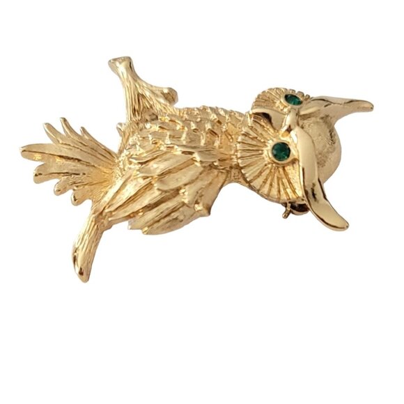 Monet Gold Tone Green Rhinestone Eyes Owl Brooch Pin, Signed M109 - Picture 4 of 9